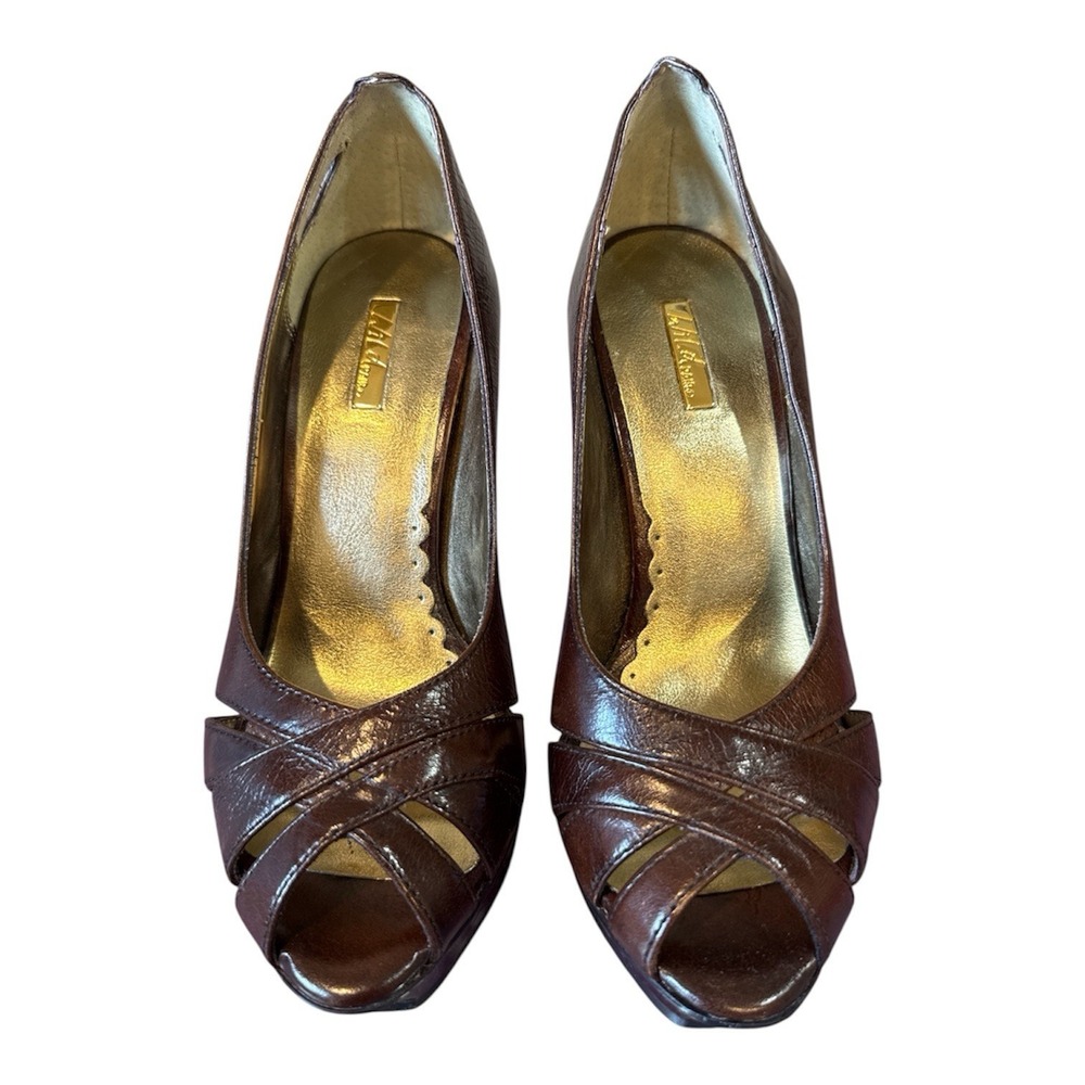 Wild Pair brown leather peep-toe pumps multi-strap crisscross Size 7 M 5" Heels